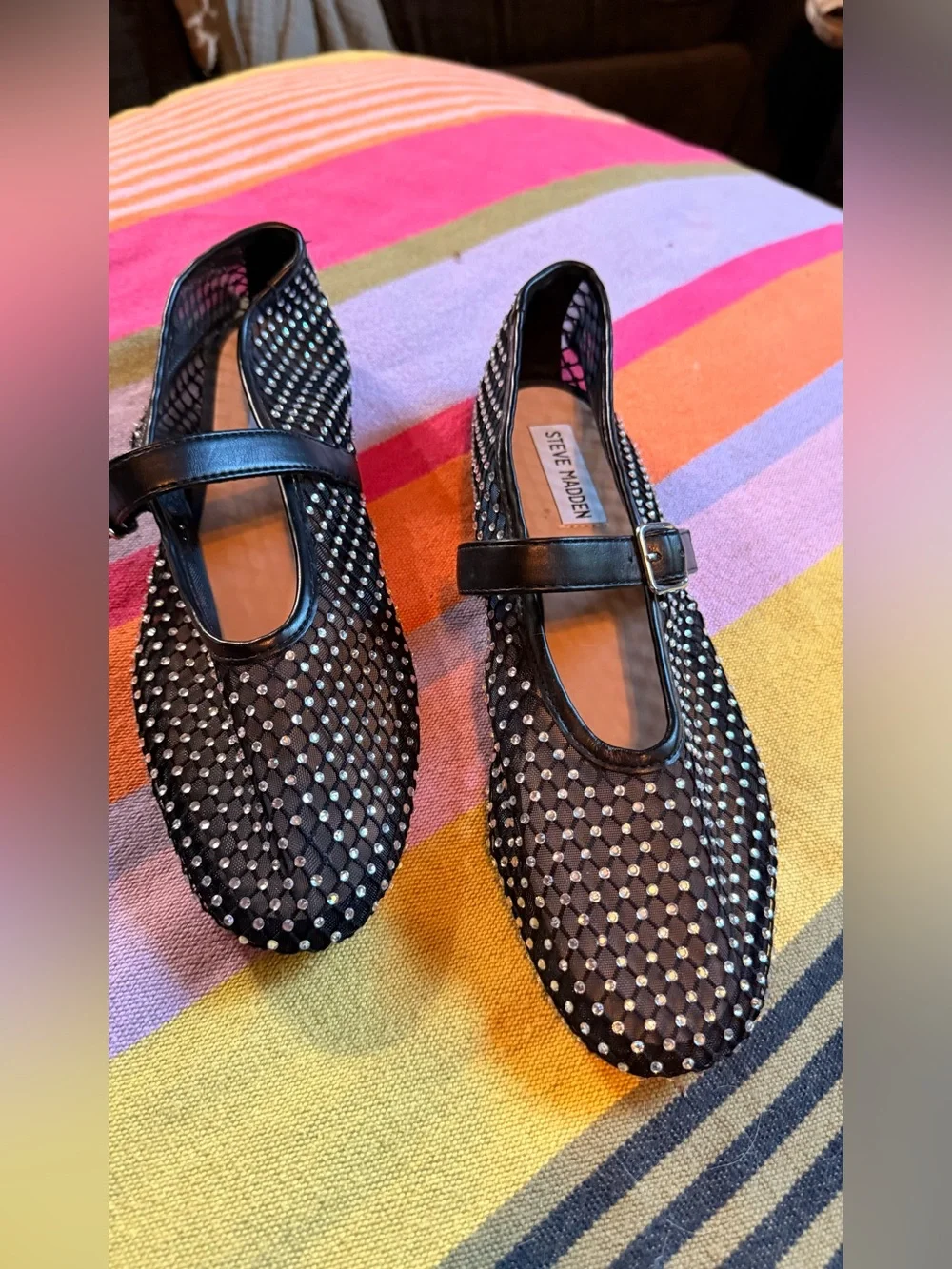 Steve Madden Black Mesh Mary Jane Flats with Crystal Stud Accents
